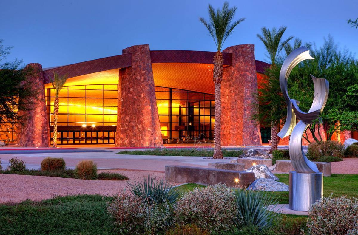 The Palm Springs Convention Center at dusk. Visitors to Greater Palm Springs spent $7.8 billion in 2025.