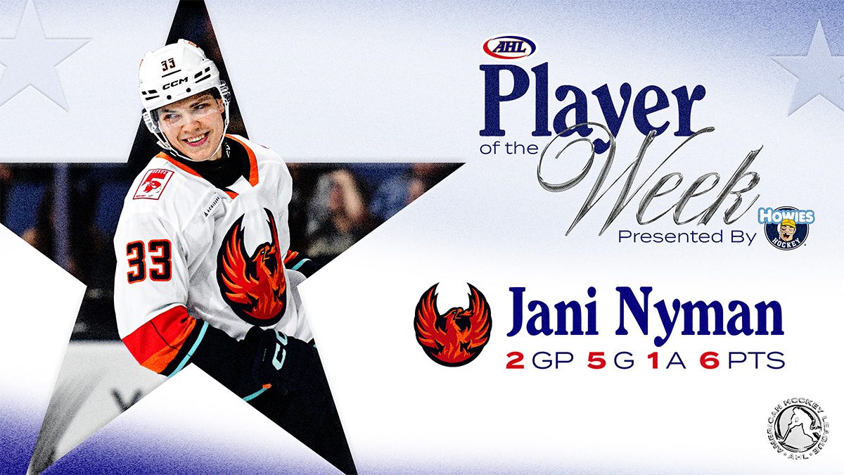 Nyman in his Firebirds jersey on the league graphic for his player of the week honor earlier this month. He and Tyson Jugnauth assisted on Morrison's power play goal on Saturday, the team reported.