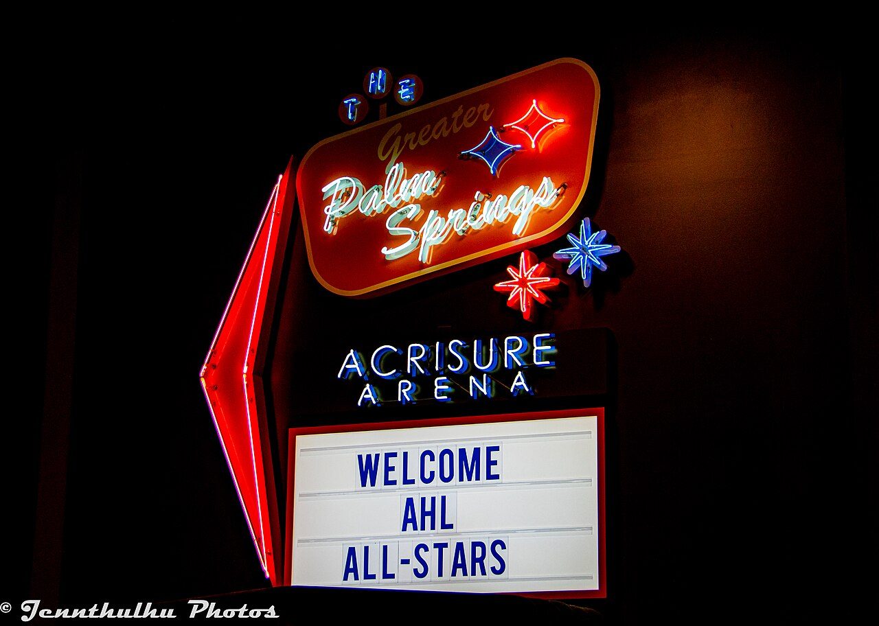 The Acrisure Arena sign in Palm Desert, the Firebirds' home building. The team is on the road at Abbotsford this weekend and plays the rematch Sunday at 4 p.m. PT, the team reported.